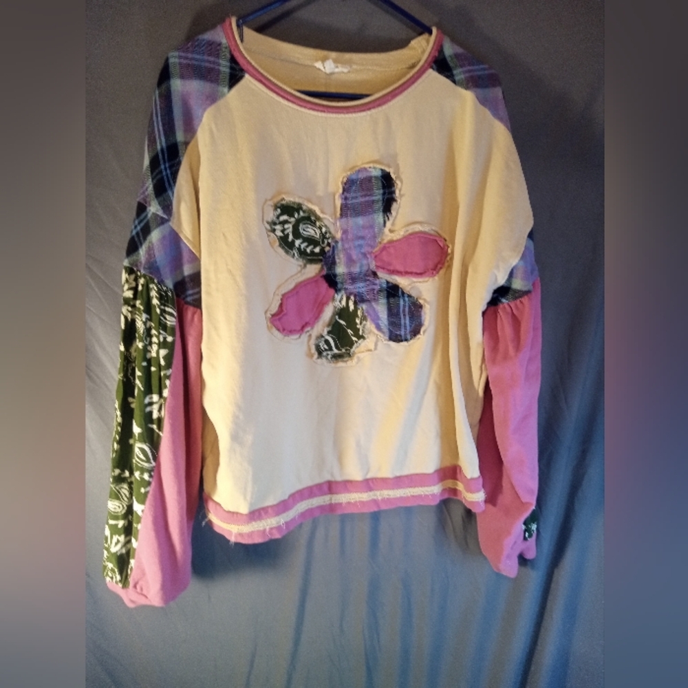 Easel Long Sleeve Colorful Patchwork Shirt